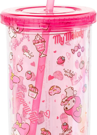 Silver Buffalo Sanrio Hello Kitty and Friends My Melody Strawberry Donut and Milkshake Pattern Plastic Cold Cup with Lid and Straw, 20 Ounces
