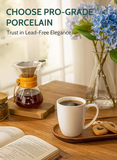 Sweese Porcelain Mugs - 12 Ounce for Coffee, Tea, Mocha and Mulled Drinks - Set of 6, White