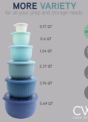 COOK WITH COLOR Prep Bowls with Lids- Wide and Deep Nesting Plastic Small Mixing Bowl Set with Lids, 12 Piece Set - Deep Bowls, Blue