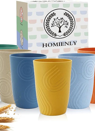 Wheat Straw Cups 6 PCS Plastic Cups Reusable Unbreakable Drinking Cup Dishwasher Safe Water Glasses with Unique Pattern (16 OZ)