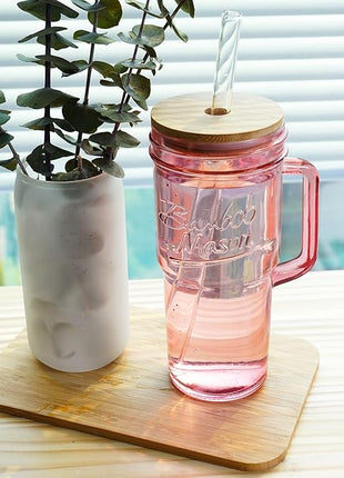 ANOTION Glass Cups with Handle, 24oz Glass Cups with Lids and Straws Travel Coffee Mug Bamboo Mason Jar Iced Cup Smoothie Tea Clear Cute Water Drinking Jars Glasses
