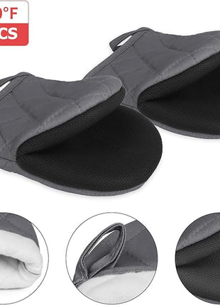 1 Pair Short Oven Mitts, Heat Resistant Silicone Kitchen Mini Oven Mitts for 500 Degrees, Non-Slip Grip Surfaces and Hanging Loop Gloves, Baking Grilling Barbecue Microwave Machine Washable