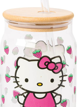 Silver Buffalo Sanrio Hello Kitty Strawberry Glass Jar Tumbler with Bamboo Lid and Glass Straw, 16 Ounces (Pack of 12)
