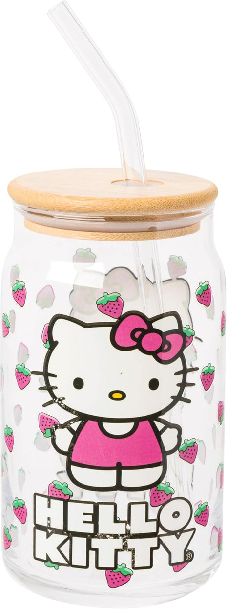 Silver Buffalo Sanrio Hello Kitty Strawberry Glass Jar Tumbler with Bamboo Lid and Glass Straw, 16 Ounces (Pack of 12)
