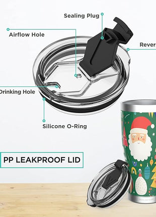 HAUSHOF 20oz Christmas Tumbler, Stainless Steel and Double Wall Insulated Travel Coffee Mug with Lid, Good Choice for Christsmas Gifts-Deep Green with Santa Claus