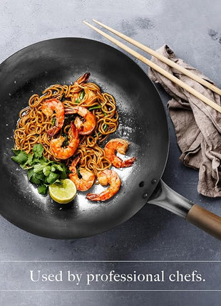 Mammafong Round Bottom 14-inch Traditional Carbon Steel Wok Pan - Authentic Hand Hammered Woks and Stir Fry Pans - Pow Wok with no chemical coating