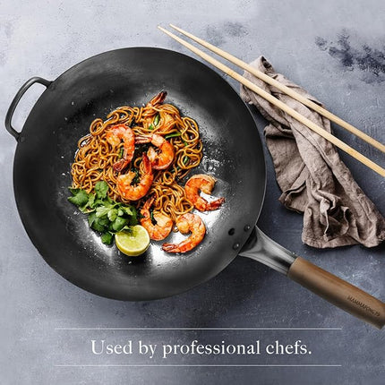 Mammafong Round Bottom 14-inch Traditional Carbon Steel Wok Pan - Authentic Hand Hammered Woks and Stir Fry Pans - Pow Wok with no chemical coating