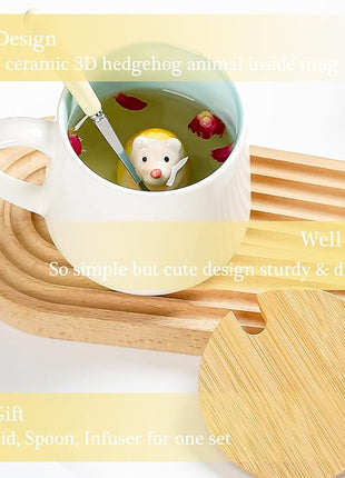 BigNoseDeer Hedgehog Mug Cute Mugs with 3D Hedgehog Inside Ceramic Coffee Mug with Spoon and Lid Mugs for milk,coffee and tea lovers Birthday Cute Gifts for Women 13.5oz