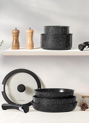 Chef Power Ceramic Nonstick Cookware Set 19 Piece with Detachable Handle, Induction Dishwasher Oven Safe Pans and Pots Set, RV Kitchen Set Removable Handle, Rock Stone Black