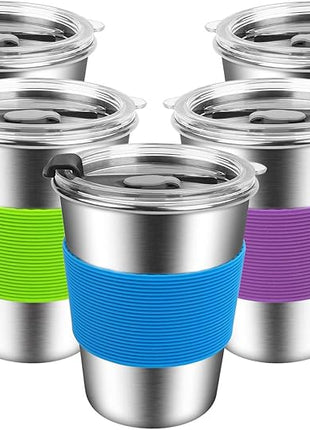 ShineMe Kids Stainless Steel Cups,12oz Kids Metal Drinking Glasses with Lids and Sleeves, 5pack Reusable Water Tumbler for Children and Adults Spill Proof, Apply to Indoor and Outdoor