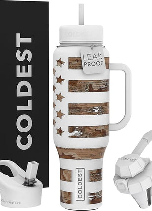 Coldest Tumbler with Handle and Straw - 100% Leak Proof Insulated Tumbler with Lid and Straw (3 Lids) - Stainless Steel Tumblers for Women & Men - Cup Holder Friendly Base, 46 oz (The Patriot)