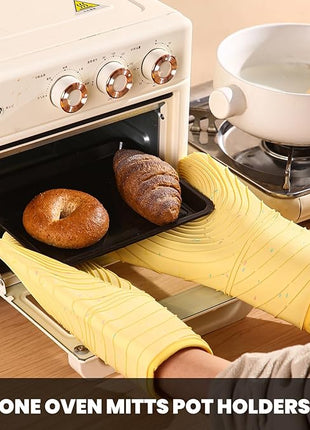4 Pieces Oven Mitts and Pot Holders of Macaron Color Thickened Non-Slip Silicone Kitchen Gloves, Heat Resistant up to 500F, Essential for Kitchen Baking(makal-Huang)