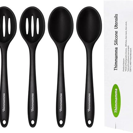 Silicone Cooking Spoon, Nonstick Kitchen Spoons for Cooking, Slotted and Solid Serving Spoon Heat Resistant, Silicone Mixing Spoons Basting for Nonstick Cookware 4 Pack