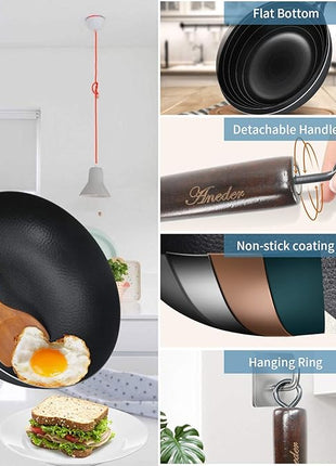 Carbon Steel Wok Pan with Lid & Wood Spatula, 12.5" Cast Iron Stir Fry Pan with Flat Bottom and Wooden Handle for Electric, Induction and Gas Stoves