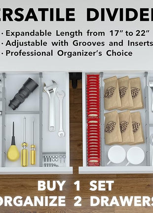 SpaceAid Bamboo Drawer Dividers with Inserts and Labels, Kitchen Adjustable Drawer Organizers, Expandable Organization for Home, Office, Dressers, 4 Dividers with 9 Inserts (17"-22" Gray)