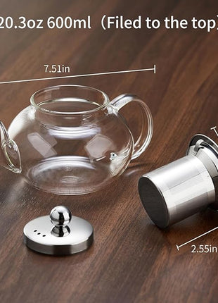 Glass Teapot Stovpetop Safe,20 oz/ 600 ml Stove Top & Microwave Safe Small Borosilicate Glass Kettle with Loose Leaf Tea Strainer For Flower Blooming Tea, Clear