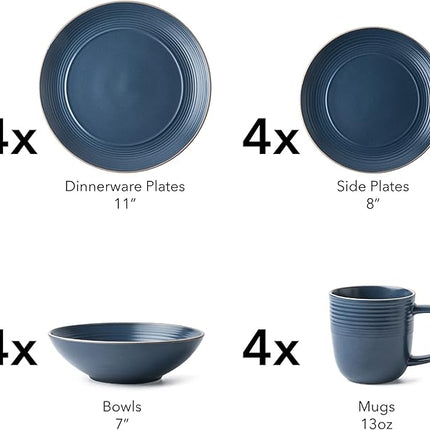 RINGAR Round Stoneware 16pc Dinnerware Set of 4, Dinner Plates, Side Plates, Cereal Bowls, Mugs - Speckle Matte Blue (428051)