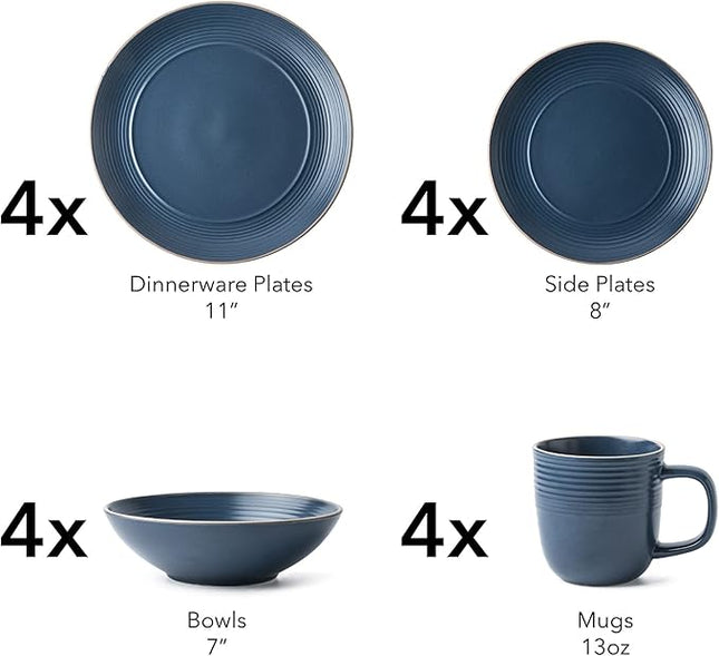 RINGAR Round Stoneware 16pc Dinnerware Set of 4, Dinner Plates, Side Plates, Cereal Bowls, Mugs - Speckle Matte Blue (428051)