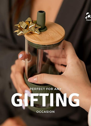 Pandaloo® Glass Cups With Lids and Straws -20 Fl Oz- Perfect Size Iced Coffee Cup - Smoothie Cup With Bamboo Lid and On the go Lid - Glass Tumbler (2 Count (Pack of 1), Lilac-Creamy Mushroom)