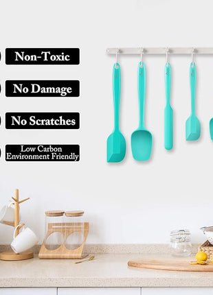 HOTEC 600℉ Heat Resistant BPA-Free Silicone Rubber Spatula Set,Kitchen Cooking Spatulas, Baking, Mixing for Non Stick Cookware, Dishwasher Safe, Set of 5 Aqua Sky