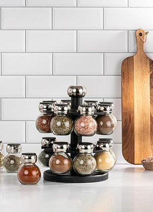 Olde Thompson Since 1944 Orbit Rotating Rack, 16 Refillable Spice Jars, Labeled Shaker Tops, 45, Black, Clear