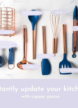 Copper and Blue Silicone Cooking Utensils Set - 17-Piece Set with Copper Utensil Holder and Measuring Cups and Spoons for Stylish Cooking and Baking - Blue Kitchen Decor, Unique Kitchen Gifts