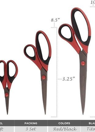 BambooMN Titanium Softgrip Scissors Set for Sewing, Arts, Crafts, Office - 30 Sets of 3 - Red w/Black Inlays