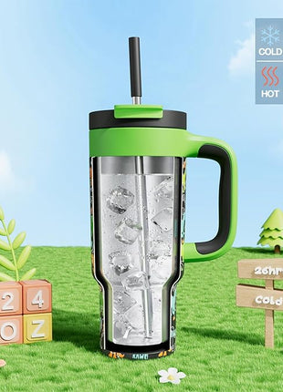 24 oz Kids Tumbler with Straw for Boys: Leakproof, Cold for 26 Hrs, Hot for 10 Hrs, Durable Handle, Insulated Stainless Steel Cup for Daycare, School, Classroom, Playtime, Birthday, Gift (Dino Rawr）