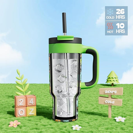 24 oz Kids Tumbler with Straw for Boys: Leakproof, Cold for 26 Hrs, Hot for 10 Hrs, Durable Handle, Insulated Stainless Steel Cup for Daycare, School, Classroom, Playtime, Birthday, Gift (Dino Rawr）