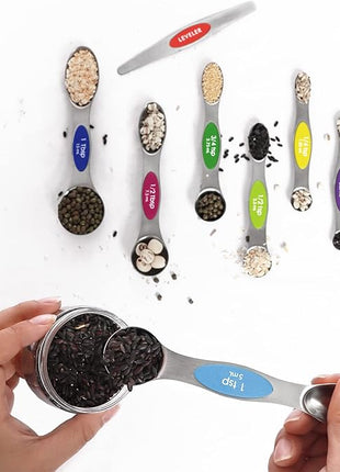 Magnetic Measuring Spoons Set Stainless Steel with Leveler, 9pcs Multicolors Measuring Cups Set for Baking, Measuring Cups and Spoon Set Kitchen Gadgets Apartment Essentials Fits in Spice Jars
