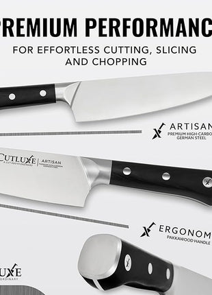 Cutluxe Chef Knife – 8" Kitchen Knife, German High Carbon Steel, Full Tang, Ergonomic Handle Design, Sheath Included – Artisan Series