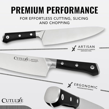 Cutluxe Chef Knife – 8" Kitchen Knife, German High Carbon Steel, Full Tang, Ergonomic Handle Design, Sheath Included – Artisan Series