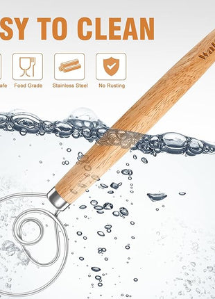 Walfos Wood Danish Dough Whisk, Wooden Sourdough Mixer With Stainless Steel Ring, Kitchen Hand Bread Whisking Tool for Cake, Pizza, Pastry, Biscuits