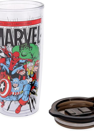 Silver Buffalo Marvel Avengers Featuring Spider-Man, Captain America, Thor, Hulk, and Iron Man Double Wall Travel Tumbler with Slide Close Lid, 20 Ounces