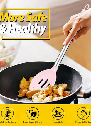 Pack of 2 Large Silicone Cooking Spoons,Non Stick Solid Basting Spoon,Heat-Resistant Kitchen Utensils for Mixing,Serving,Draining,Stirring (PINK)