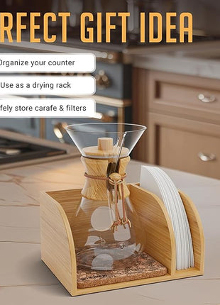 HEXNUB – Caddy and Lid for Pour Over Coffee Maker, Bamboo Stand fits Chemex, Bodum, Cosori Coffee Carafes, Heatproof Mat, Filter Holder for Drip Coffee Maker - Cork Mat