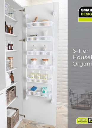 Smart Design Over-The-Door Organizer for Storage – Perfect for Pantry Organization, Bedroom, Bathroom Storage, Playroom, or Kitchen - Adjustable Steel Frame with 6 Baskets & Wall Mount – White