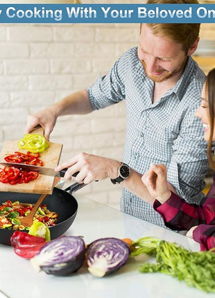 Carbon Steel Wok Pan with Lid & Wood Spatula, 12.5" Cast Iron Stir Fry Pan with Flat Bottom and Wooden Handle for Electric, Induction and Gas Stoves