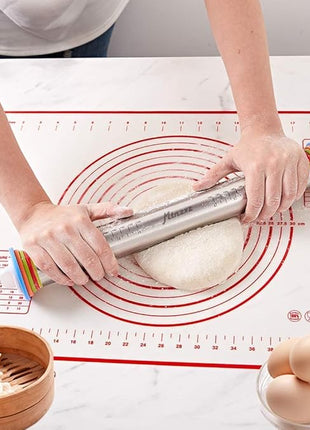Rolling Pin and Silicone Baking Pastry Mat Set, Stainless Steel Dough Roller, Rolling Pins with Adjustable Thickness Rings, for Baking Fondant, Pizza, Pie, Pastries, Pasta, Cookies