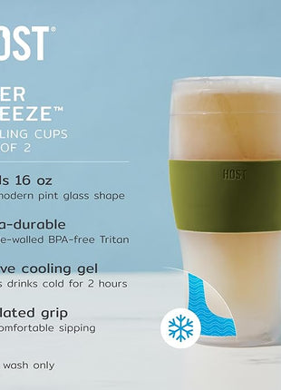 HOST FREEZE Beer Cooling Cups, Frozen Beer Mugs, Freezable Pint Glass Set, Insulated Pint Glass to Keep Your Drinks Cold, Double Walled Insulated Glasses, Gift for Dad,16oz, Set of 2, Olive