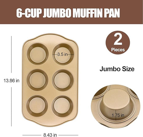 Jumbo Muffin Pan 2 Pack, Nonstick Large Cupcake Pan 6 Cup, Heavy Duty 0.5mm Thick Steel Big Muffin Tins for Baking, 3.5inch Dia, Gold
