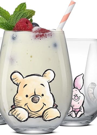 JoyJolt Disney Winnie the Pooh Exploring a Classic Stemless Drinking Glasses, 19oz Glass Cups ft Pooh Bear Tigger Piglet Eeyore, Kitchen Glassware Set of 4, Winnie the Pooh Adult Gifts