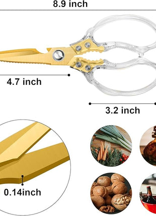 CGBE Kitchen Scissors, Multi-Purpose Kitchen Shears, Heavy Duty Dishwasher Safe Food Scissors for Chicken, Poultry, Fish, Meat & Herbs with Non-Slip Grips - Transparent Gold