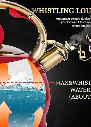 SUSTEAS Stove Top Whistling Tea Kettle - Food Grade Stainless Steel Teakettle Teapot with Cool Touch Ergonomic Handle, With 1 Silicone Pinch Mitt Included, 2.64 Quart(RED)