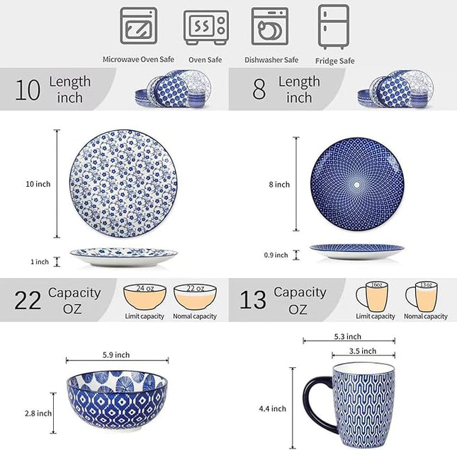 Selamica Ceramic Dinnerware Sets for 4, 16 Pieces Dishes Set, Scratch Resistant Plates and Bowls Sets, Microwave and Dishwasher Safe (Vintage Blue) A