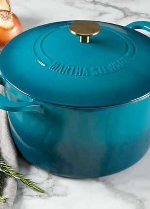 Martha Stewart Gatwick 7-Quart Enamel Cast Iron Dutch Oven – Emerald Ombre with Gold Knob – Durable Heavy-Duty Dutch Oven for Slow Cooking, Braising & Baking