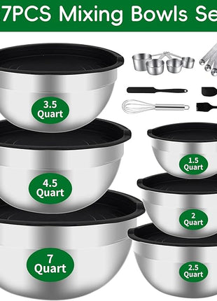 Mixing Bowls Set, 27PCS Stainless Steel Mixing Bowl with Lid Set, Large Nesting Bowls 7, 4.5, 3, 2.5, 2, 1.5QT, Measuring Cups and Spoons Baking Utensils Metal Bowl for Kitchen Prep