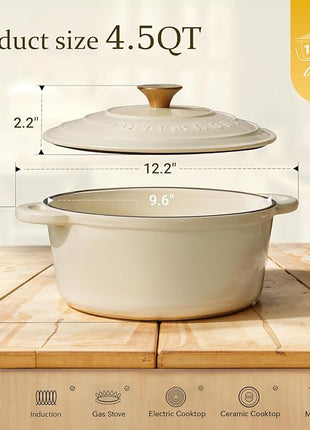 Overmont Enameled Cast Iron Dutch Oven - 4.5QT Pot with Lid Cookbook & Cotton Potholders - Heavy-Duty Cookware for Braising, Stews, Roasting, Bread Baking Cream White