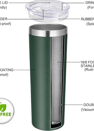 VEGOND Stainless Steel Skinny Tumbler, 20 oz Vacuum Insulated Tumbler with Lid and Straw, Double Wall Coffee Cup, Travel Mug for Cold Hot Drinks, Dark Green 1 Pack