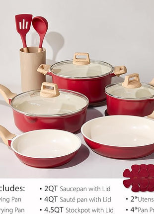 CAROTE 14 Pcs Ceramic Cookware Set, Pots and Pans Set Non Stick with Ceramic Coating, Induction Kitchen Sets, Red